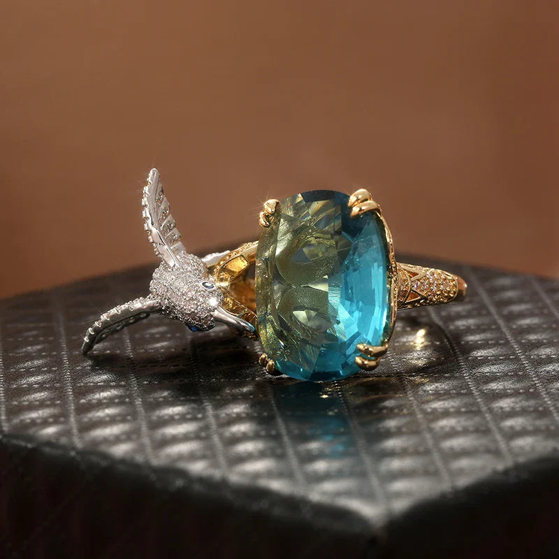 Adjustable Aquamarine-Color Hummingbird Ring – 14K Gold Plated - emmy-rae-jewels.com
