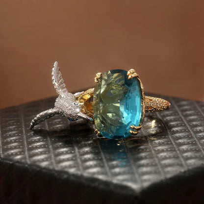 Adjustable Aquamarine-Color Hummingbird Ring – 14K Gold Plated - emmy-rae-jewels.com