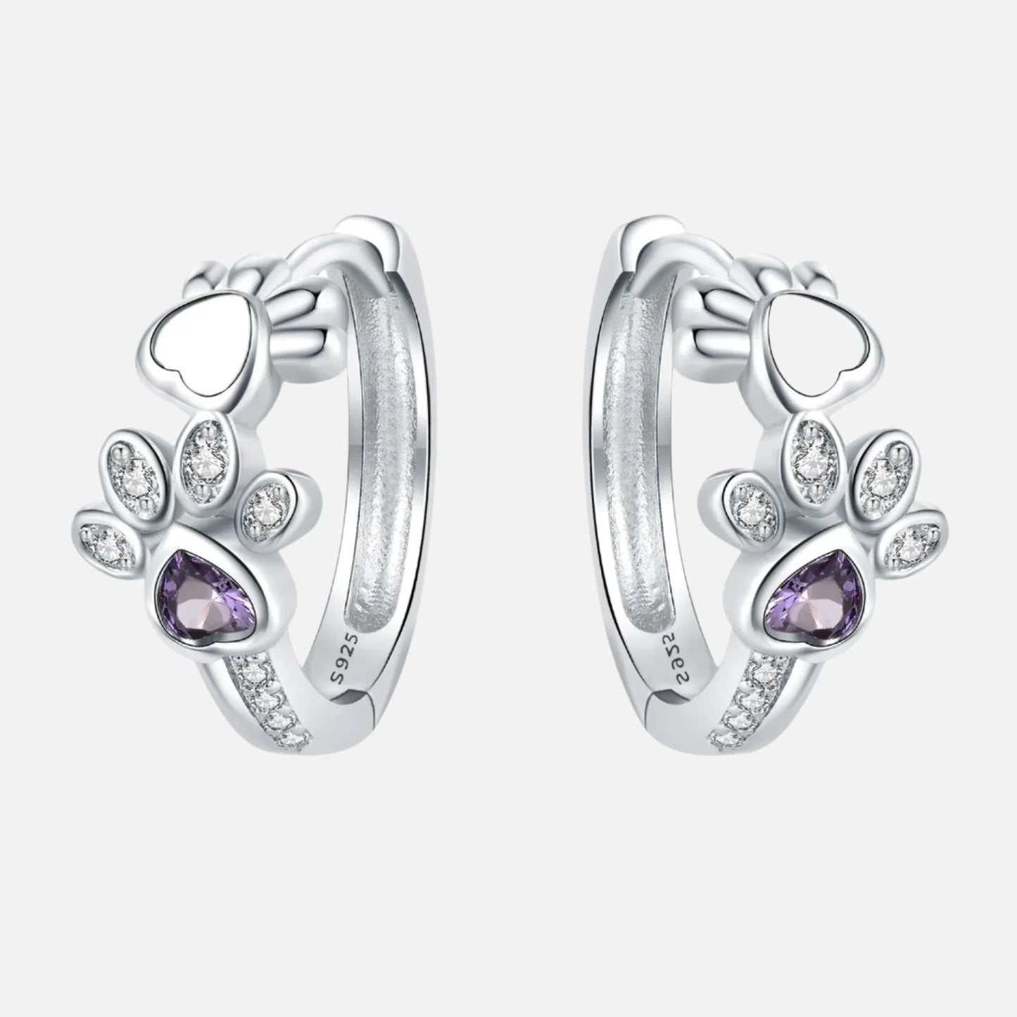 Paw Huggie Earrings in 925 Sterling Silver – With Zirconia and Heart Gem - emmy-rae-jewels.com