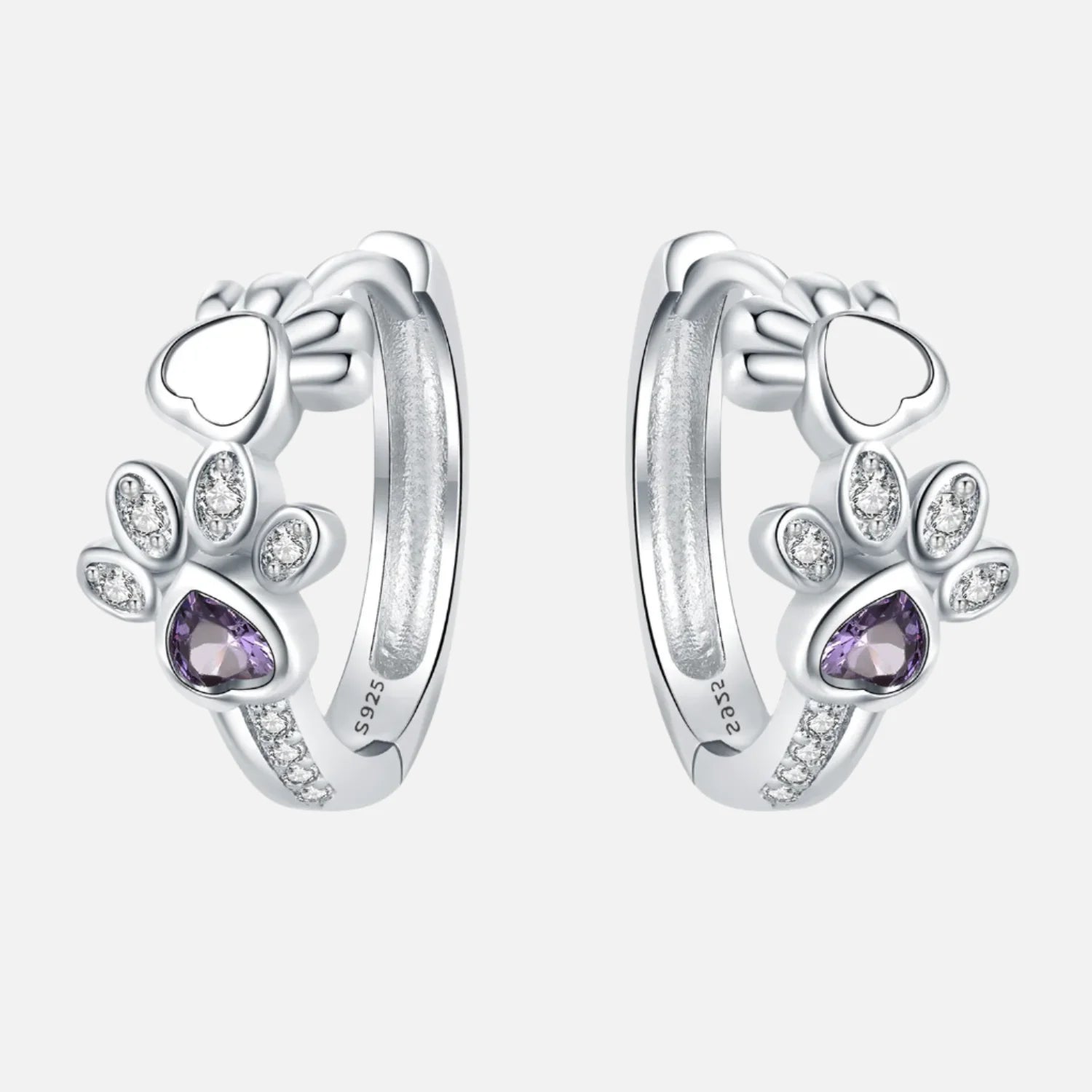 Paw Huggie Earrings in 925 Sterling Silver – With Zirconia and Heart Gem - emmy-rae-jewels.com