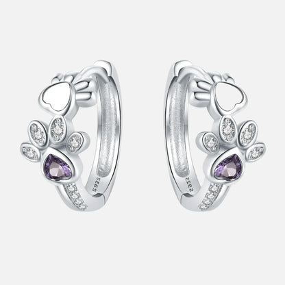 Paw Huggie Earrings in 925 Sterling Silver – With Zirconia and Heart Gem - emmy-rae-jewels.com