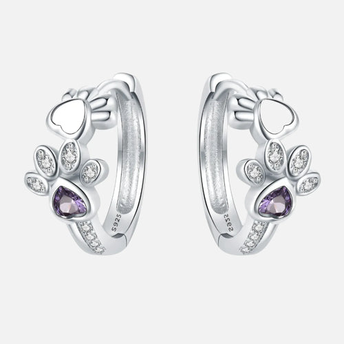 Paw Huggie Earrings in 925 Sterling Silver – With Zirconia and Heart Gem - emmy-rae-jewels.com