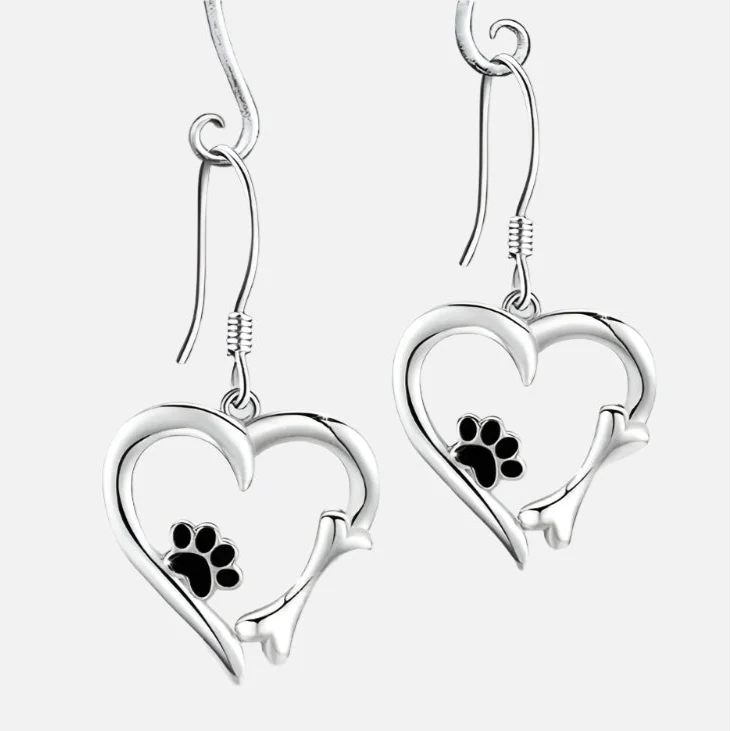 Silver Drop Earrings with Heart & Paw Design - emmy-rae-jewels.com