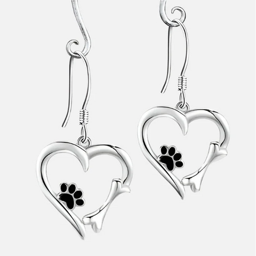 Silver Drop Earrings with Heart & Paw Design - emmy-rae-jewels.com