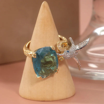 Adjustable Aquamarine-Color Hummingbird Ring – 14K Gold Plated - emmy-rae-jewels.com