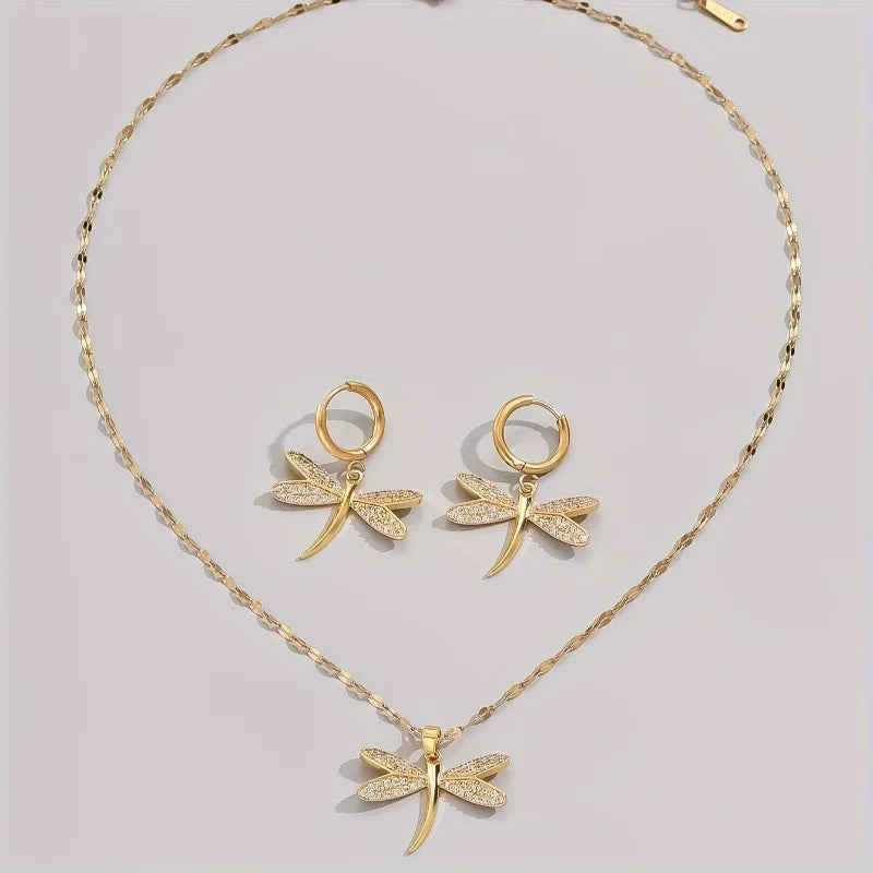 Gold Dragonfly Jewelry Necklace with Bonus Earrings - emmy-rae-jewels.com