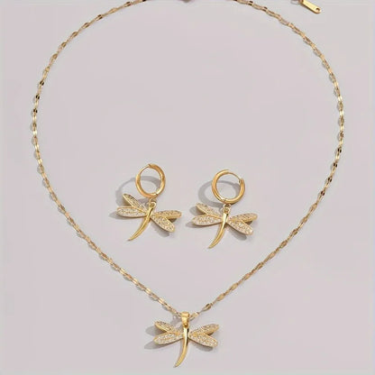 Gold Dragonfly Jewelry Necklace with Bonus Earrings - emmy-rae-jewels.com