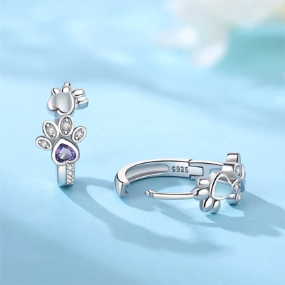 Paw Huggie Earrings in 925 Sterling Silver – With Zirconia and Heart Gem - emmy-rae-jewels.com