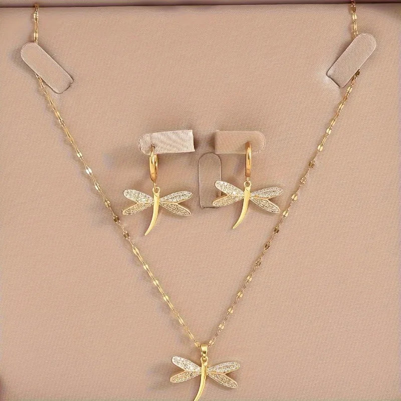 Gold Dragonfly Jewelry Necklace with Bonus Earrings - emmy-rae-jewels.com