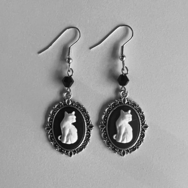 Vintage White Cat Drop Earrings – Silver Frame Jewelry for Women - emmy-rae-jewels.com