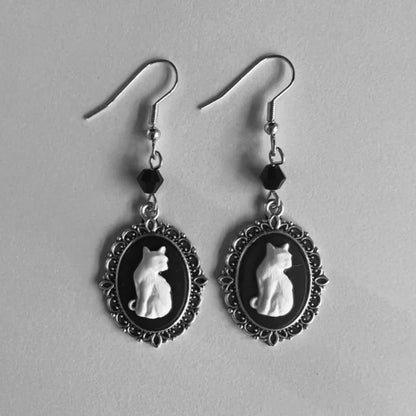 Vintage White Cat Drop Earrings – Silver Frame Jewelry for Women - emmy-rae-jewels.com