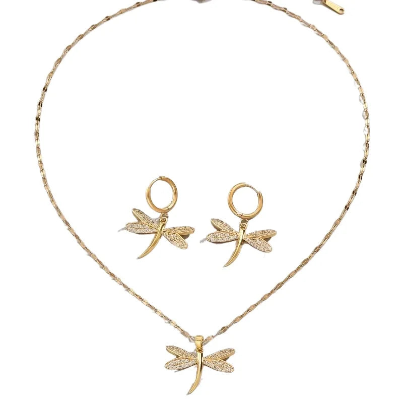 Gold Dragonfly Jewelry Necklace with Bonus Earrings - emmy-rae-jewels.com