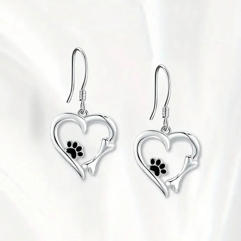 Silver Drop Earrings with Heart & Paw Design - emmy-rae-jewels.com