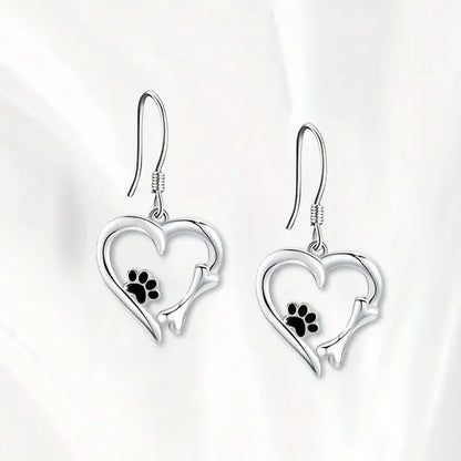 Silver Drop Earrings with Heart & Paw Design - emmy-rae-jewels.com