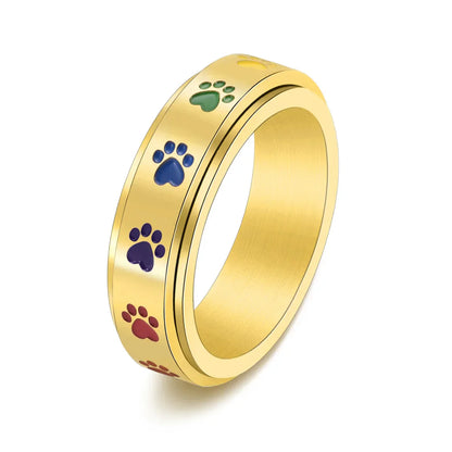 Spinning Stress Reducing Paw Ring – Stainless Steel with Rainbow Paws - emmy-rae-jewels.com