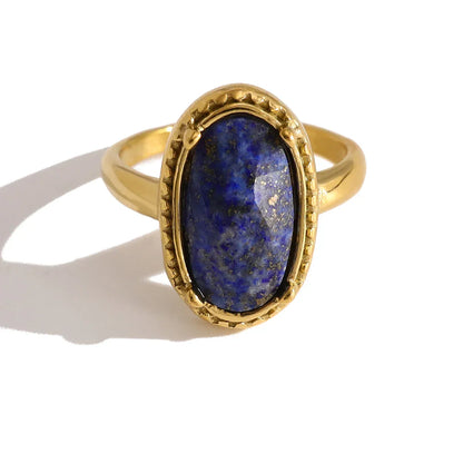 Golden Adjustable Ring with Lapis Azul Stone - emmy-rae-jewels.com
