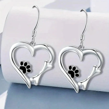 Silver Drop Earrings with Heart & Paw Design - emmy-rae-jewels.com
