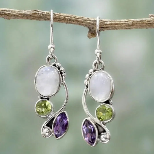 Moonstone Amethyst Peridot Cascade Earrings - emmy-rae-jewels.com