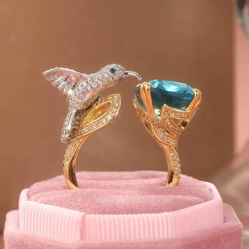 Adjustable Aquamarine-Color Hummingbird Ring – 14K Gold Plated - emmy-rae-jewels.com