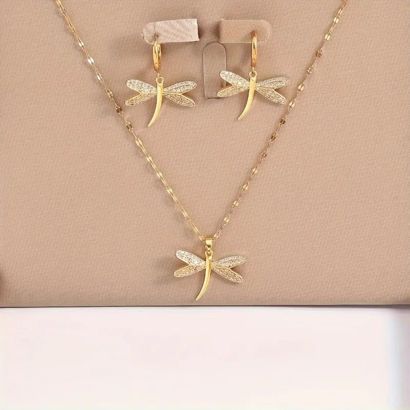 Gold Dragonfly Jewelry Necklace with Bonus Earrings - emmy-rae-jewels.com
