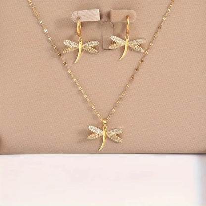 Gold Dragonfly Jewelry Necklace with Bonus Earrings - emmy-rae-jewels.com