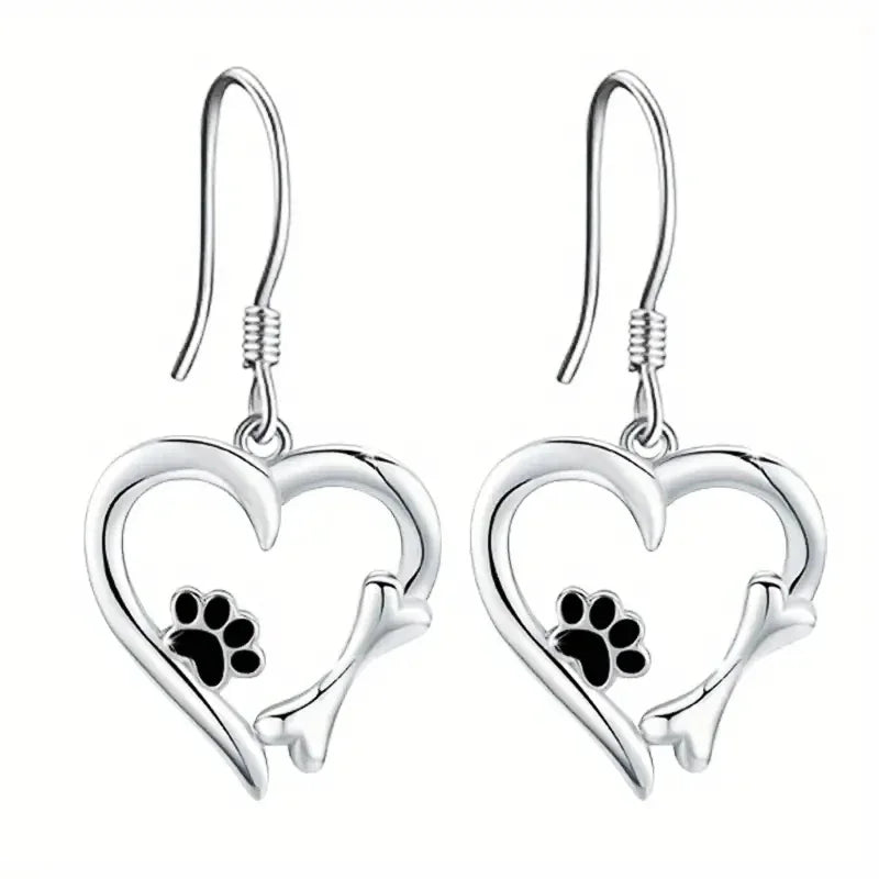 Silver Drop Earrings with Heart & Paw Design - emmy-rae-jewels.com