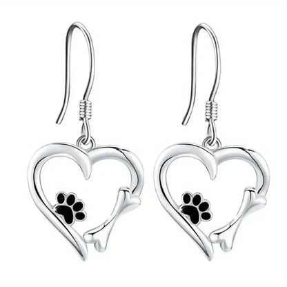 Silver Drop Earrings with Heart & Paw Design - emmy-rae-jewels.com