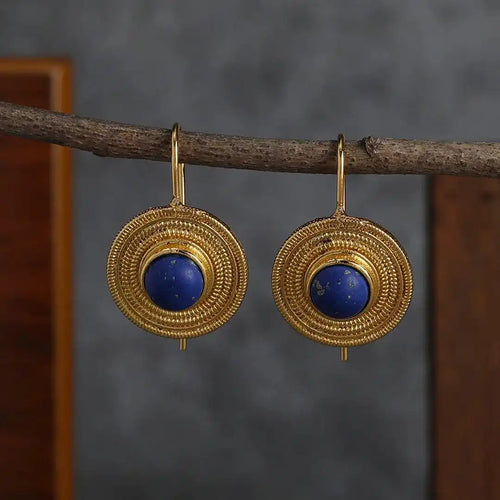 Blue Round Gemstone Hanging Earrings