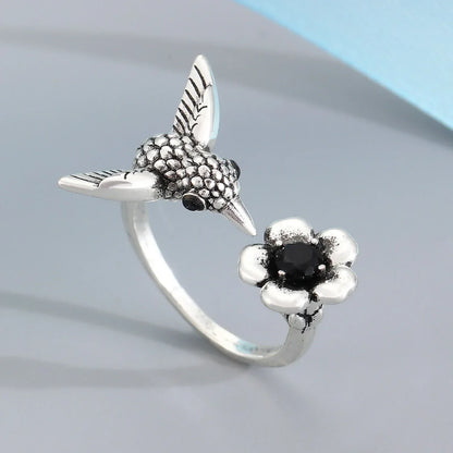 Hummingbird and Flower Open Ring - emmy-rae-jewels.com