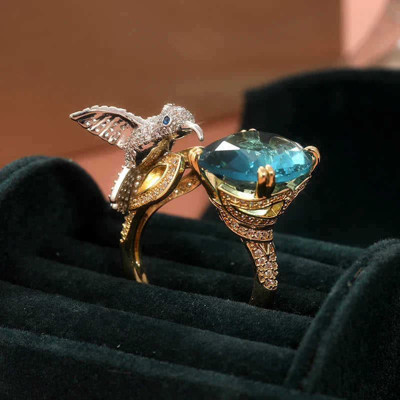 Adjustable Aquamarine-Color Hummingbird Ring – 14K Gold Plated - emmy-rae-jewels.com