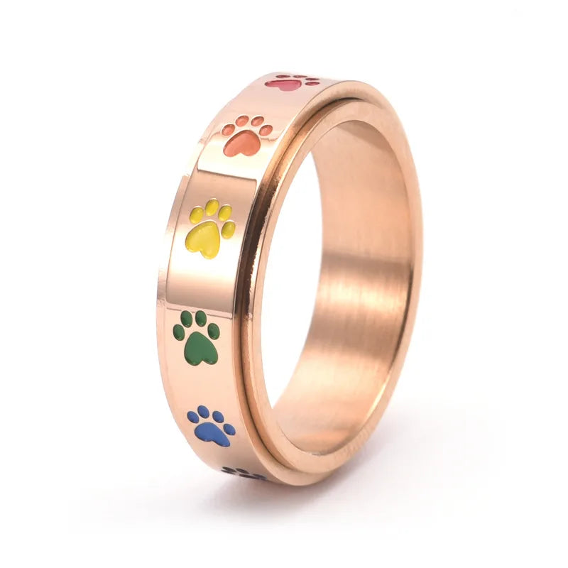 Spinning Stress Reducing Paw Ring – Stainless Steel with Rainbow Paws - emmy-rae-jewels.com
