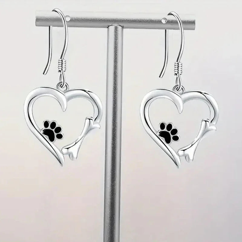 Silver Drop Earrings with Heart & Paw Design - emmy-rae-jewels.com