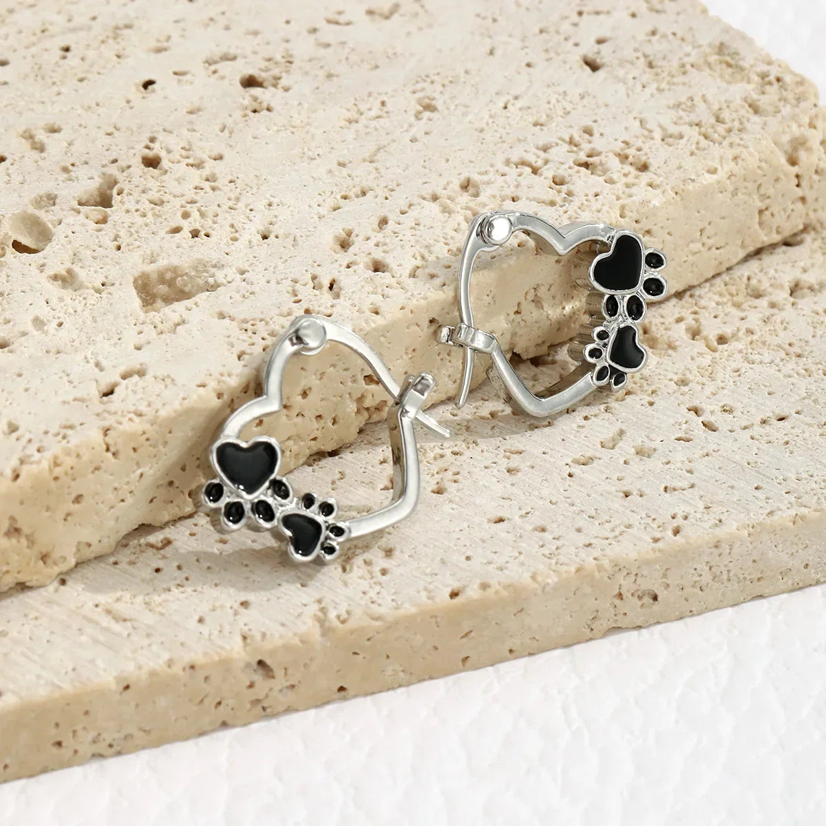 Heart Paw Huggie Earrings with Black Enamel - emmy-rae-jewels.com