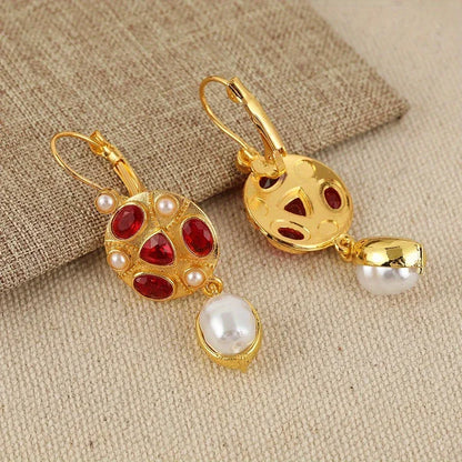 Geometric Red Color Stone Pearls Earrings - emmy-rae-jewels.com