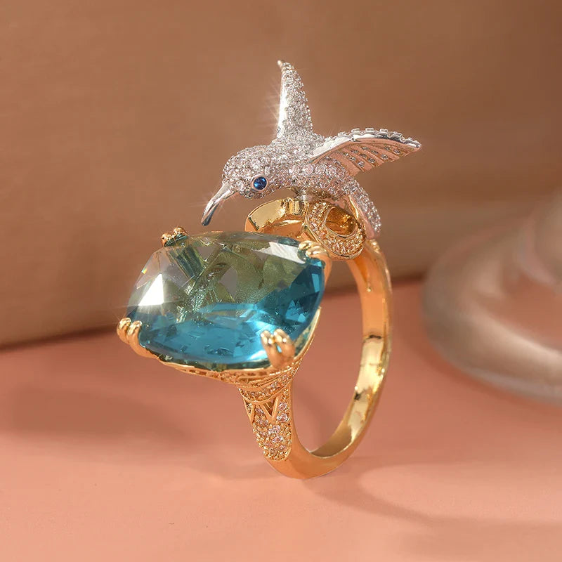 Adjustable Aquamarine-Color Hummingbird Ring – 14K Gold Plated - emmy-rae-jewels.com