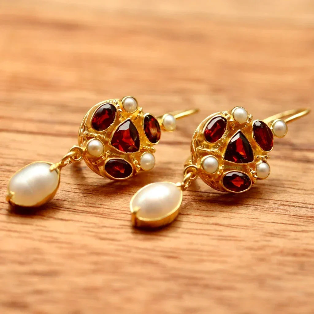 Geometric Red Color Stone Pearls Earrings - emmy-rae-jewels.com