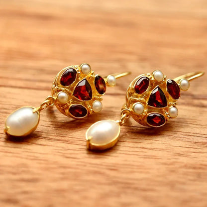 Geometric Red Color Stone Pearls Earrings - emmy-rae-jewels.com