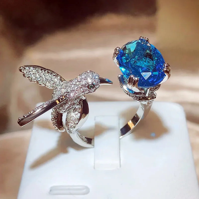 Adjustable Hummingbird Gemstone Ring – Zircon, 14K Gold Plated - emmy-rae-jewels.com
