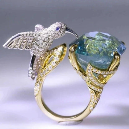 Adjustable Aquamarine-Color Hummingbird Ring – 14K Gold Plated - emmy-rae-jewels.com