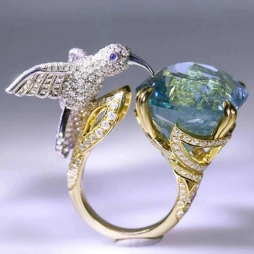 Adjustable Aquamarine-Color Hummingbird Ring – 14K Gold Plated - emmy-rae-jewels.com