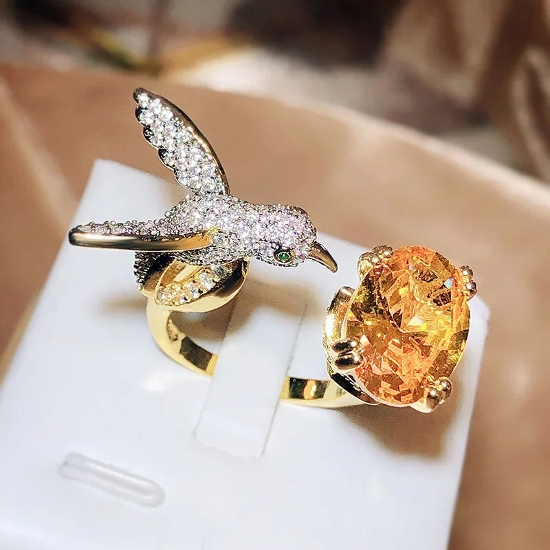 Adjustable Hummingbird Gemstone Ring – Zircon, 14K Gold Plated - emmy-rae-jewels.com