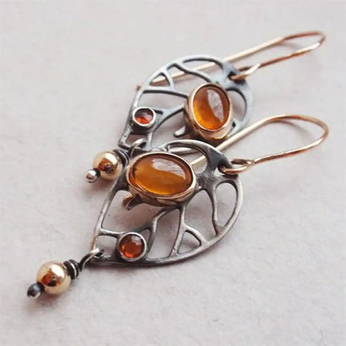 Vintage Silver Amber Leaf Drop Earrings
