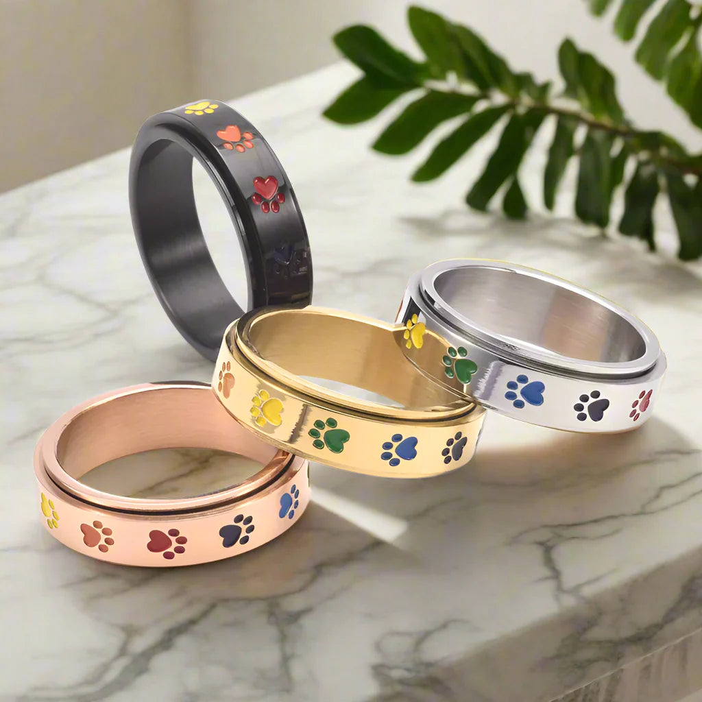 Spinning Stress Reducing Paw Ring – Stainless Steel with Rainbow Paws - emmy-rae-jewels.com