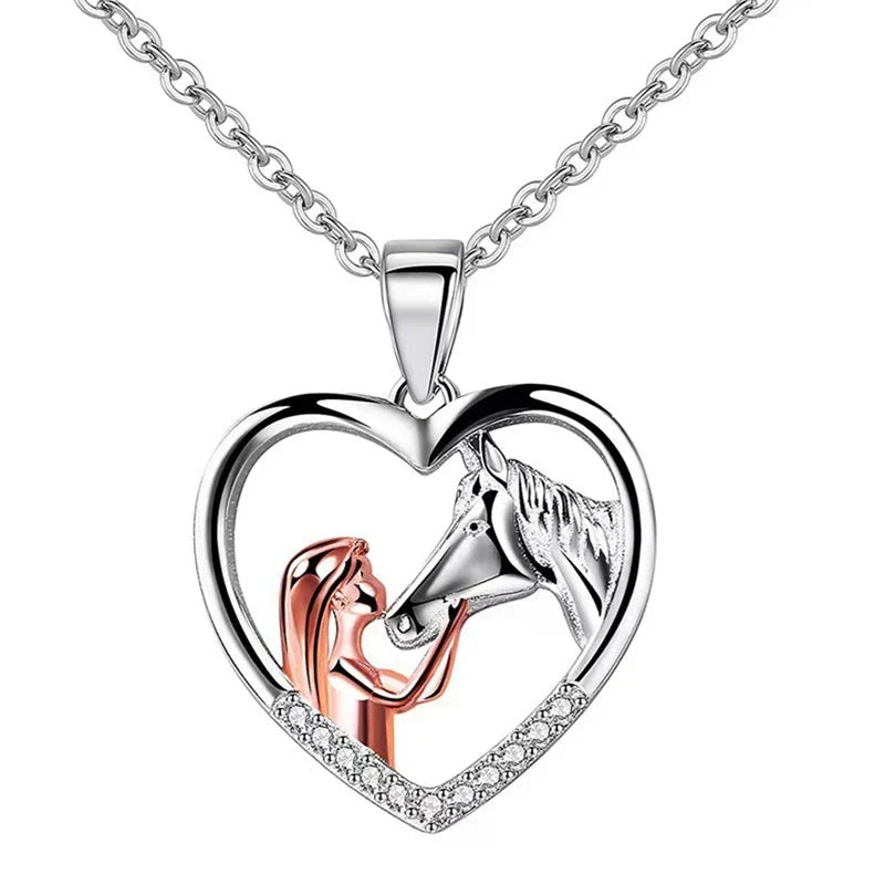 Beautiful Heart Zircon Girl and Horse Necklace - emmy-rae-jewels.com