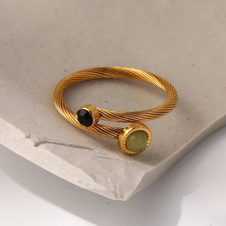 Adjustable Green and Black Natural Stone Ring