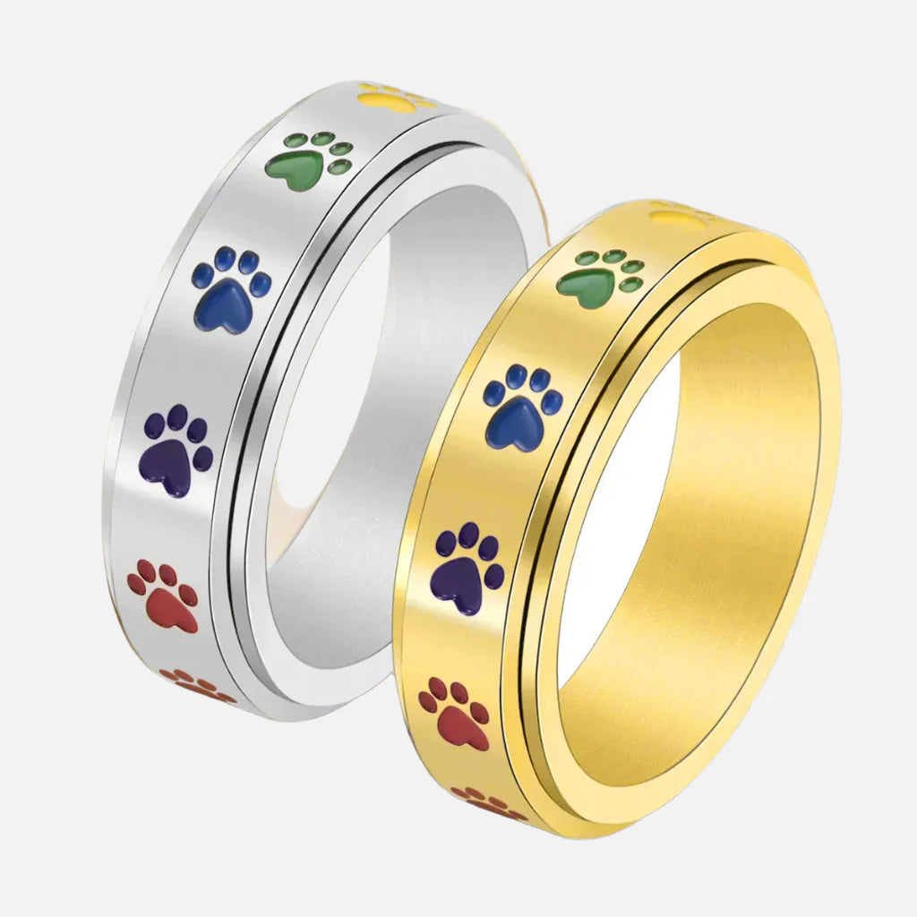 Spinning Stress Reducing Paw Ring – Stainless Steel with Rainbow Paws - emmy-rae-jewels.com