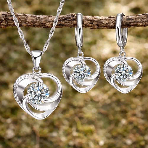 Sterling Silver Heart Necklace and Earrings
