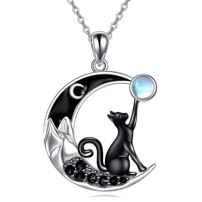 Black Cat Moon Crystal Pendant Necklace - emmy-rae-jewels.com