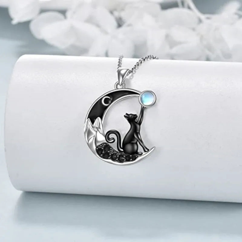 Black Cat Moon Crystal Pendant Necklace - emmy-rae-jewels.com