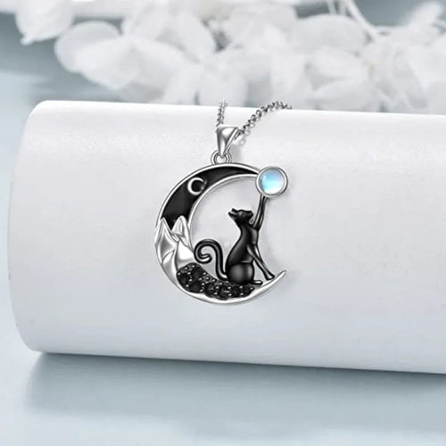 Black Cat Moon Crystal Pendant Necklace - emmy-rae-jewels.com